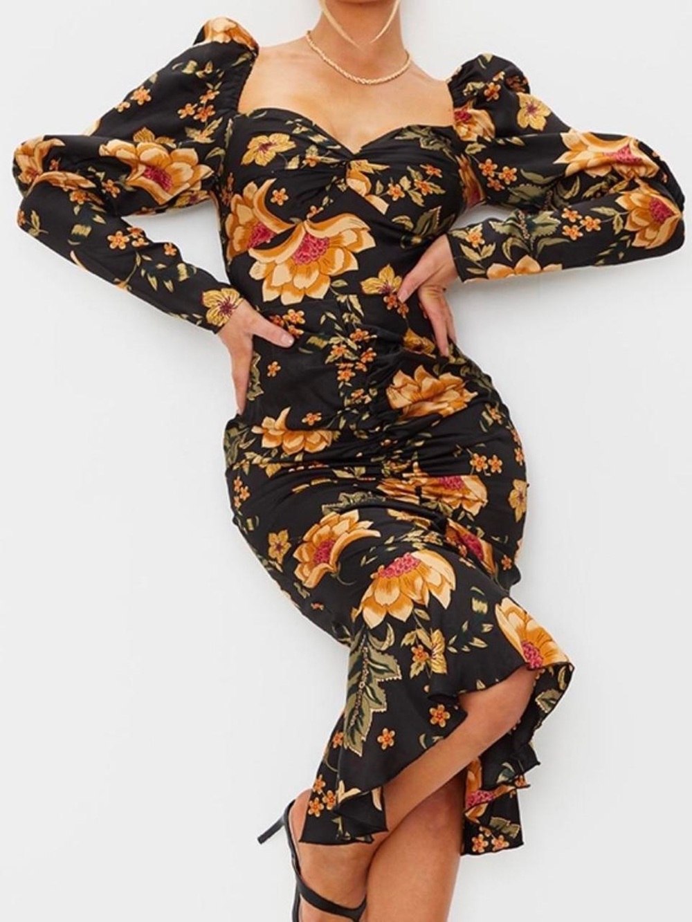 PrettyLittleThing Black Floral Midi Dress with Mustard and Green Print